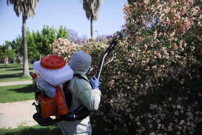 Labores de fumigación en Coria del Río