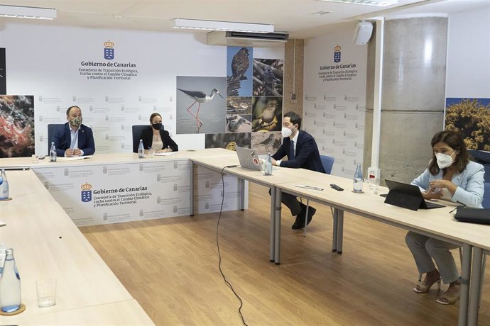 El consejero de Transición Ecológica, Lucha contra el Cambio Climático y Planificación Territorial del Gobierno de Canarias, José Antonio Valbuena (i), en una reunión con el CEO de la compañía productora de renovables Greenalia, Manuel García (2d)