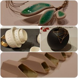 Piezas de la expsoición 'Conexiones entre joyería y cerámica. Del diseño al objeto y puesta en escena', del Museo González Martí de Valncia.