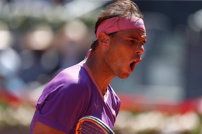 Rafael Nadal of Spain in action during his Men's Singles match, Quarter of Finals, against Alexander Zverev of Germany on the ATP Masters 1000 - Mutua Madrid Open 2021 at La Caja Magica on May 7, 2021 in Madrid, Spain.