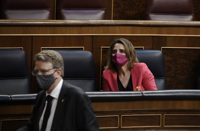 La vicepresidenta y ministra para la Transición Ecológica y el Reto Demográfico, Teresa Ribera, y el portavoz del PDeCAT en el Congreso, Ferran Bel, en una sesión plenaria en el Congreso de los Diputados, a 13 de mayo de 2021, en Madrid, (España). El pl