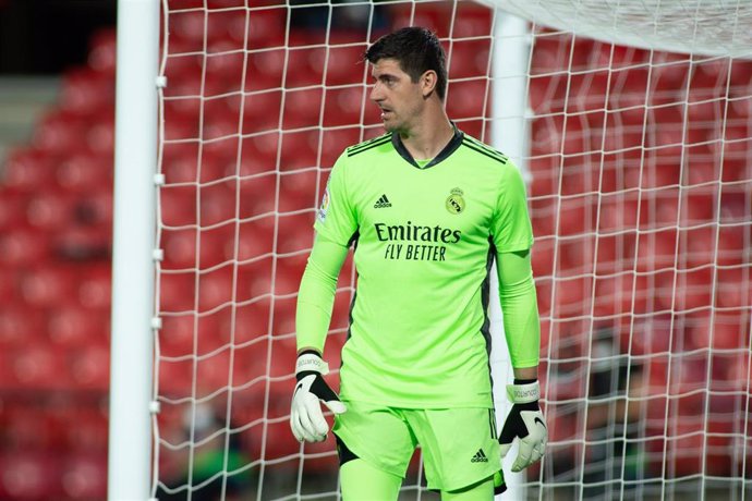 Thibaut Courtois of Real Madrid during the spanish league, LaLiga, football match played between Granada Club de Futbol and Real Madrid Club Futbol at Nuevos Los Carmenes Stadium on May 13, 2021 in Granada, Spain.