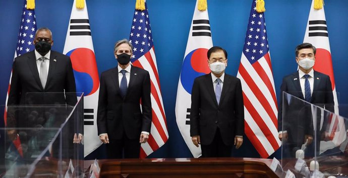 Archivo - El secretario de Defensa de EEUU, Lloyd Austin, el secretario de Estado de EEUU, Antony Blinken, el ministro de Asuntos Exteriores de Corea del Sur, Chung Eui-yong, y el ministro de Defensa de Corea del Sur, Suh Wook.