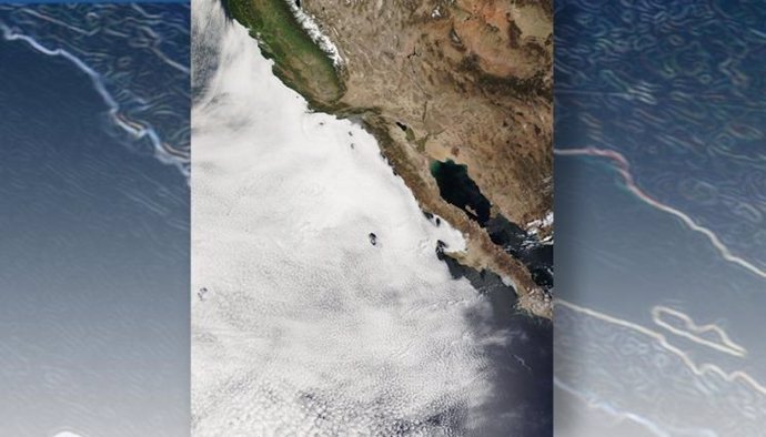 Nubes de estratocúmulos marinos a lo largo de las costas de California y Baja California, según reveló un satélite de la NASA.