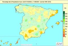 Las lluvias acumuladas en España entre el 1 de octubre de 2020 y el 7 de mayo de 2021 están un 7% por debajo del valor normal.