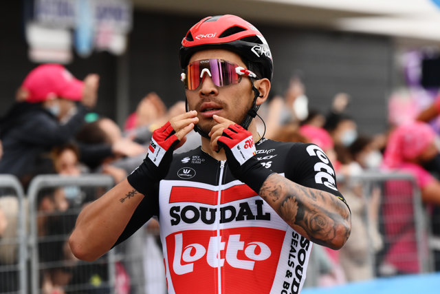 Australian cyclist Caleb Ewan of Team Lotto-Soudal celebrates as he crosses the finish line to win the seventh stage of the 104th edition of the Giro d'Italia cycling race, a 181 km Flat stage from Notaresco to Termoli.