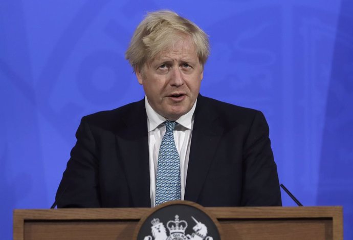 14 May 2021, United Kingdom, London: UKPrime Minister Boris Johnson speaks during a press conference in Downing Street to give updates on the the coronavirus (Covid-19) situation Photo: Matt Dunham/PA Wire/dpa