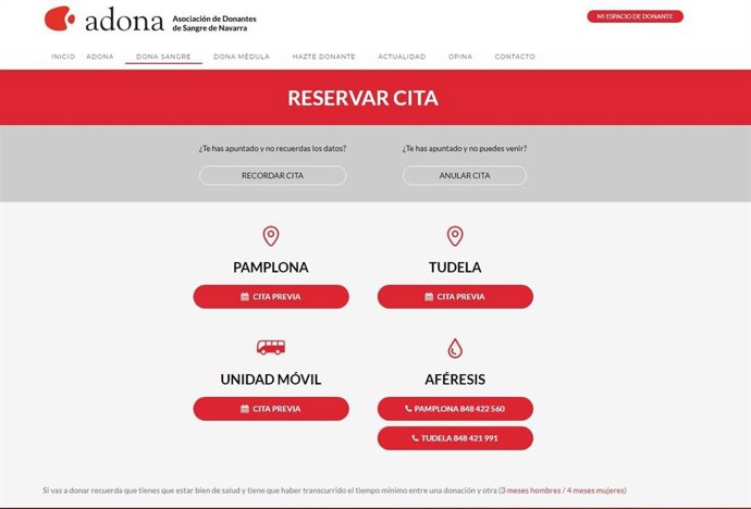 Web de ADONA para solicitar cita previa