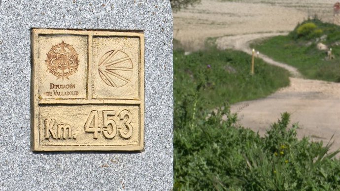 Hito del camino jacobeo de Madrid a su paso por Wamba (Valladolid).