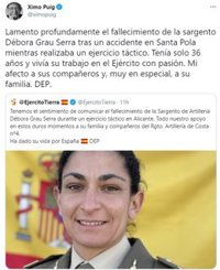 Puig lamenta la muerte de la sargento en Santa Pola (Alicante): "Vivía su trabajo en el Ejército con pasión"