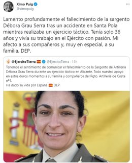 Mensaje del president de la Generalitat, Ximo Puig, en sus redes sociales tras la muerte de la sargento en Santa Pola (Alicante)