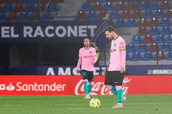 Lionel Messi of FC Barcelona reacts during the La Liga Santander match between Levante and FC Barcelona at Estadio Ciutat de Valencia on 11 May, 2021 in Valencia, Spain