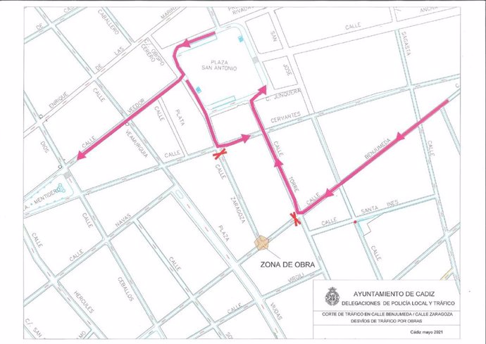 El Ayuntamiento de Cádiz anuncia cortes de tráfico por obras en las calles Zaragoza y Benjumeda desde este lunes