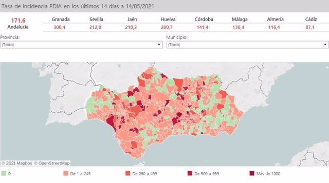 Mapa de Andalucía con nivel de incidencia de Covid-19 por municipios a 14 de mayo de 2021