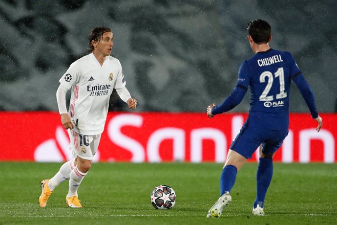 Luka Modric of Real Madrid and Ben Chilwell of Chelsea in action during the UEFA Champions League, Semifinals Leg Two, football match played between Real Madrid and Chelsea FC at Alfredo Di Stefano stadium on April 27, 2021, in Valdebebas, Madrid, Spain.