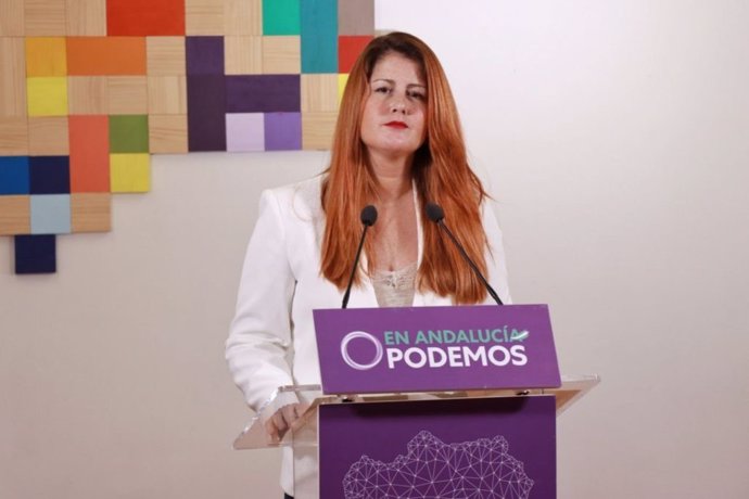 La coportavoz de Podemos Andalucía Susana Serrano, en rueda de prensa.
