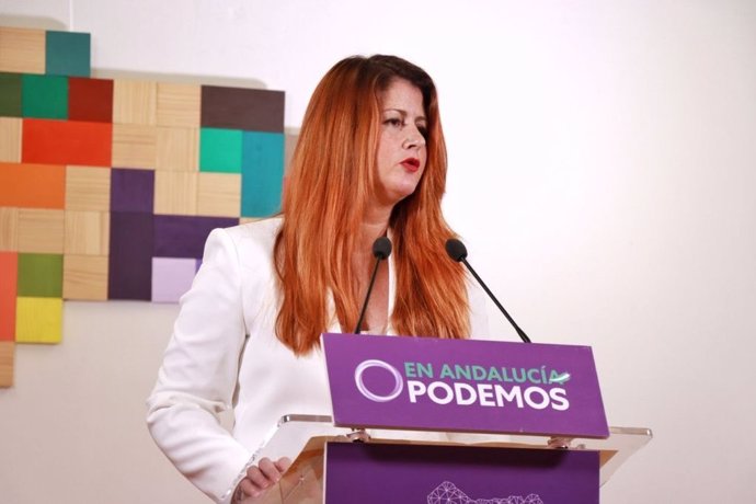 La coportavoz de Podemos, Susana Serrano, este lunes en rueda de prensa.