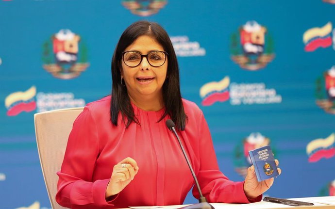 HANDOUT - 07 May 2021, Venezuela, Caracas: Venezuelan vice-president Delcy Rodriguez speaks during a press conference at the government palace. Photo: Zurimar Campos/Prensa Miraflores/dpa - ACHTUNG: Nur zur redaktionellen Verwendung und nur mit vollstn