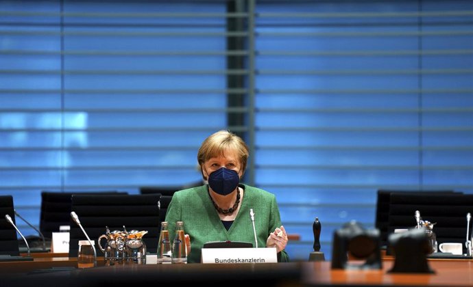 12 May 2021, Berlin: German Chancellor Angela Merkel sits at the Chancellor's Office before the weekly cabinet meeting. Photo: Michael Sohn/POOL AP/dpa