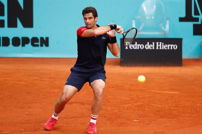 Pablo Andujar of Spain in action during his Men's Singles Qualifying match against Mikhail Kukushkin of Kazakhstan on the ATP Masters 1000 - Mutua Madrid Open 2021 at La Caja Magica on May 1, 2021 in Madrid, Spain.