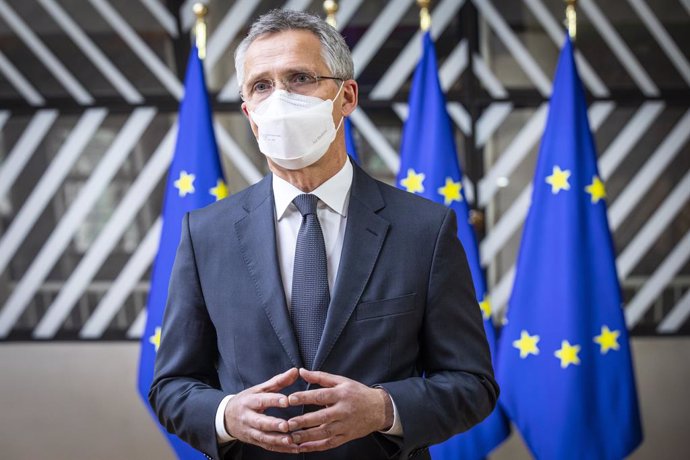 HANDOUT - 06 May 2021, Belgium, Brussels: NATO Secretary General Jens Stoltenberg gives a statement as he arrives for a Defence ministers meeting at the EU headquarters in Brussels. Photo: -/Royal Hashemite Court/dpa - ATTENTION: editorial use only and 