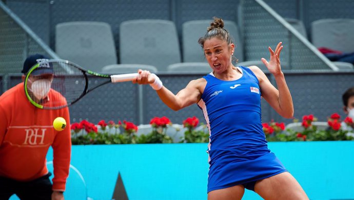 Sara Sorribes Tormo of Spain during her first round match at the 2021 Mutua Madrid Open WTA 1000 tournament against Simona Halep of Romania