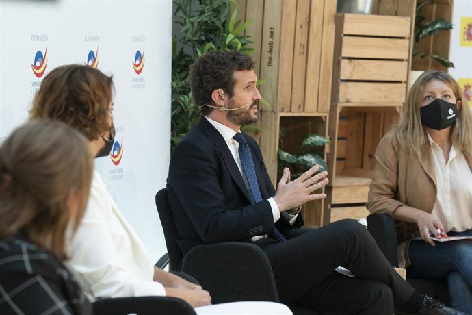 El presidente del PP, Pablo Casado, interviene en la clausura de las Jornadas #RetoDemográfico que organiza la Fundación Concordia y Libertad.