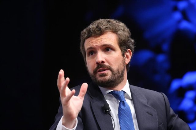 El líder del PP, Pablo Casado, interviene en la segunda jornada del IV Congreso Iberoamericano, a 18 de mayo de 2021, en el CaixaForum, Madrid, (España). 