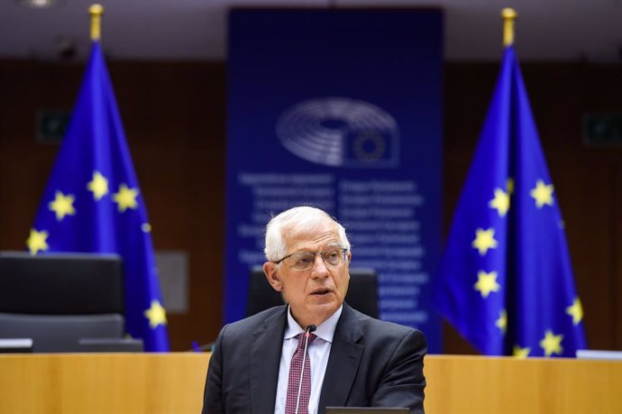 HANDOUT - 28 April 2021, Belgium, Brussels: European High Representative of the Union for Foreign Affairs, Josep Borrell speaks during the European Parliament plenary session on the case of Alexei Navalny, military build-up on Ukraine's border and Russi