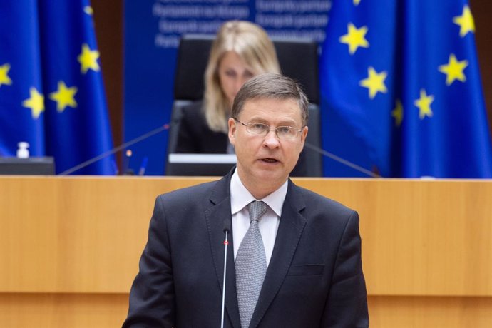 HANDOUT - 18 May 2021, Belgium, Brussels: Executive Vice President of the European Commission for An Economy that Works for People Valdis Dombrovskis addresses European lawmakers during a plenary debate on industrial strategy for Europe at the European 