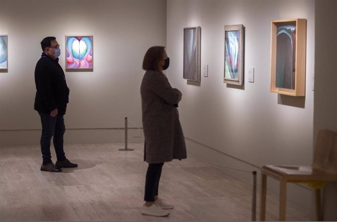 Varias personas observan las obras que componen la retrospectiva de Georgia OKeeffe en el Museo Thyssen-Bornemisza