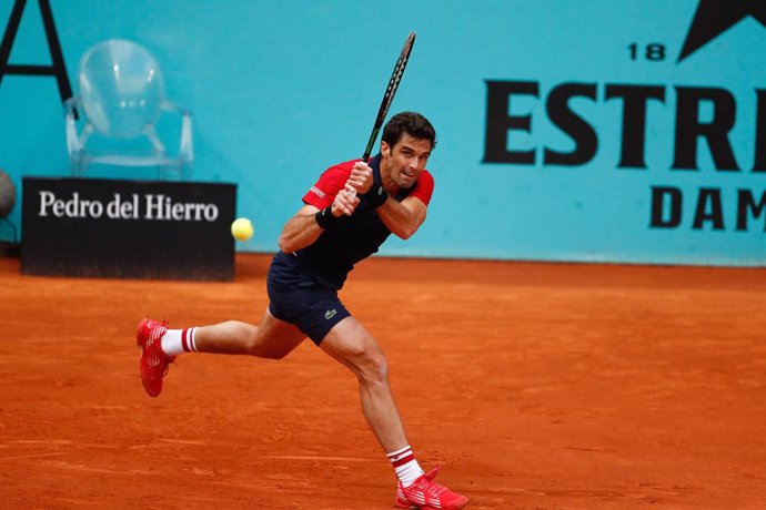 Pablo Andujar of Spain in action during his Men's Singles Qualifying match against Mikhail Kukushkin of Kazakhstan on the ATP Masters 1000 - Mutua Madrid Open 2021 at La Caja Magica on May 1, 2021 in Madrid, Spain.
