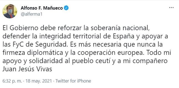 'Tuit' De Alfonso Fernández Mañueco Sobre La Situación En Ceuta.