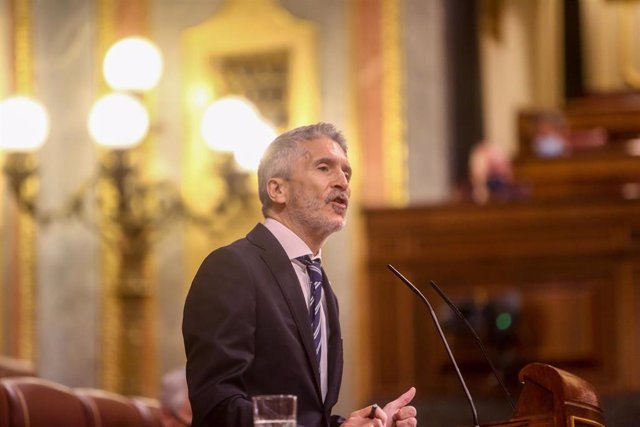 El ministro del Interior, Fernando Grande-Marlaska, interviene durante una sesión de control en el Congreso 