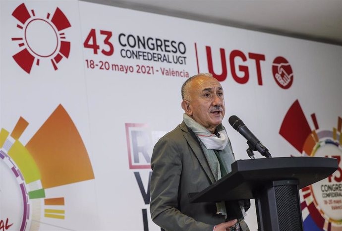 El Secretario General de UGT, Pepe Álvarez, interviene en el acto de apertura del 43 Congreso Confederal de la UGT, a 18 de mayo de 2021, en el Palacio de Congresos y Exposiciones  de Valencia, Comunidad Valenciana, (España). 