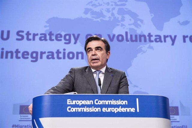 HANDOUT - 27 April 2021, Belgium, Brussels: Margaritis Schinas, Vice-President of the European Commission in charge of promoting our European Way of Life, speaks during a press conference on the EU Strategy on sustainable voluntary return and reintegrat