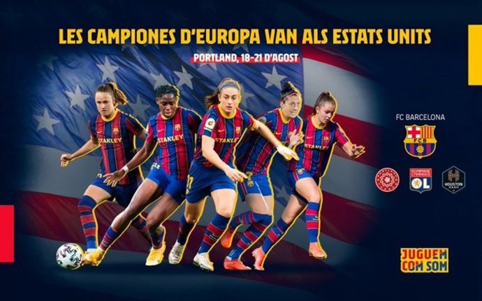 Cartel del torneo amistoso Women's International Champions Cup' (WICC) que el Bara Femení disputará este verano en Estados Unidos, contra Lyon, Portland Thorns y Houston Dash