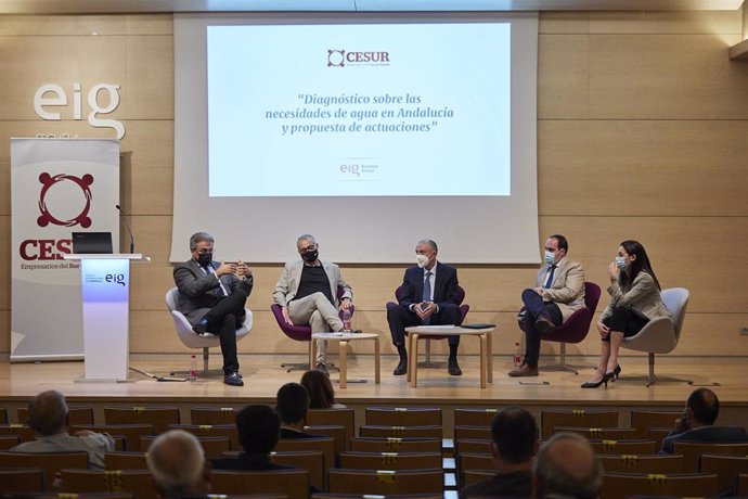 Fernando Delgado, director general de Planificación y Recursos Hídricos de la Junta; Joaquín Páez, presidente de la CHG; Jaime Palop, CEO de Emasesa; Sergio Arjona, director general de Infraestructuras de Agua de la Junta, y Matilde Mancha, de Hidralia