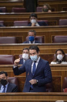 El secretario de Organización del PP, Teodoro García Egea, interviene en una sesión de control al Gobierno, a 19 de mayo de 2021, en el Congreso de los Diputados, Madrid, (España). 