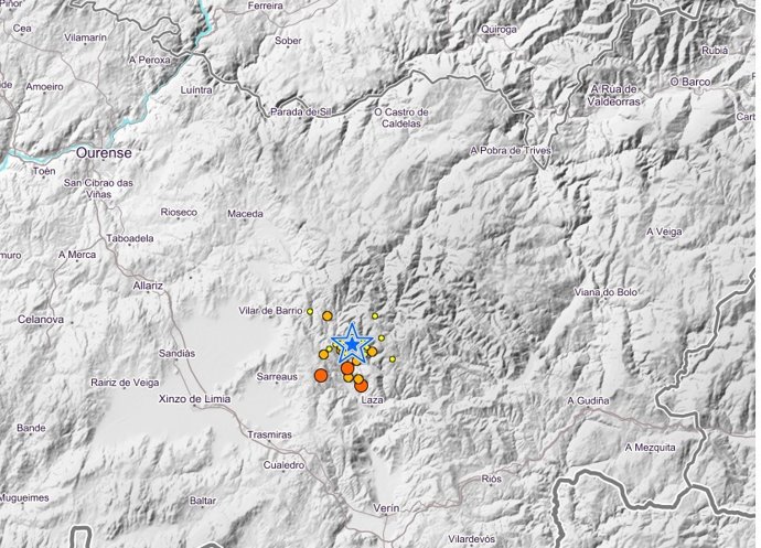 Captura del mapa de seísmos del Instituto Geográfico Nacional con los últimos temblores detectados en la zona de Laza (Ourense)