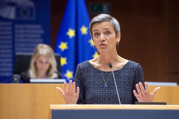 HANDOUT - 18 May 2021, Belgium, Brussels: Executive Vice President of the European Commission for A Europe Fit for the Digital Age Margrethe Vestager addresses European lawmakers during a plenary debate on industrial strategy for Europe at the European 
