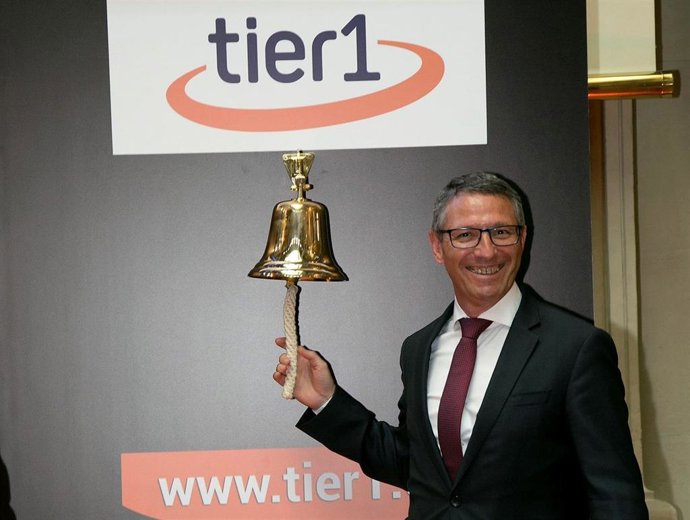 Archivo - El consejero delegado de Tier1, Javier Rubio, en el toque de campana de la empersa en el MAB