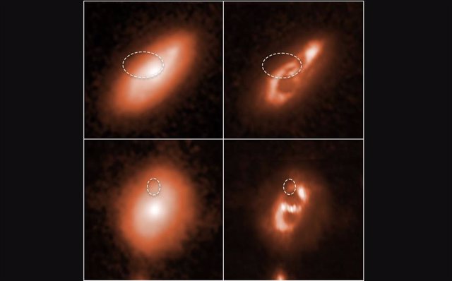 Los astrónomos que utilizan el telescopio espacial Hubble han rastreado dos breves y potentes ráfagas de radio hasta los brazos espirales de las dos galaxias que se muestran arriba.