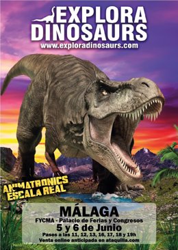 Cartel de la exposición con dinosaurios a tamaño real