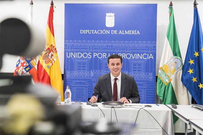 El presidente de la Diputación, Javier Aureliano García, en conexión telemática con el Consejo de Europa
