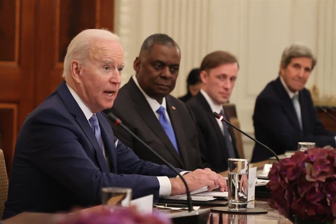 21 May 2021, US, Washington: USPresident Joe Biden (L) speaks with South Korean President Moon Jae-in (not pictureD) during their meeting at the White House. Photo: -/YNA/dpa