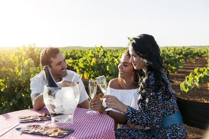 Archivo - Un grupo de personas brindan con cava extremeño.