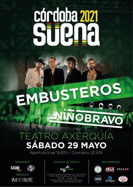 Cartel del Festival Córdoba Suena del 29 de mayo en el Teatro de la Axerquía con Embusteros y Niño Bravo.