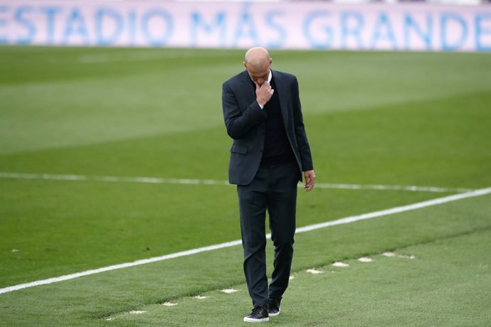 Zinedine Zidane, head coach of Real Madrid, laments during the spanish league, La Liga, football match played between Real Madrid and Villarreal CF at Alfredo Di Stefano stadium on may 22, 2021, in Valdebebas, Madrid, Spain.