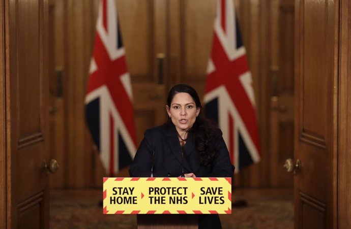 Archivo - 21 January 2021, United Kingdom, London: UK Home Secretary Priti Patel speaks during a media briefing in Downing Street on coronavirus (Covid-19). Photo: Matt Dunham/PA Wire/dpa